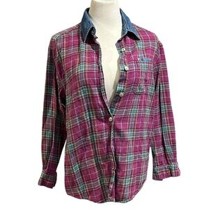Vintage Shirt Jacket Plaid Button-Up Shirt with Denim Collar M